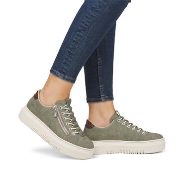 Rieker Elasticated Lace Platform Trainer - Green Leopard